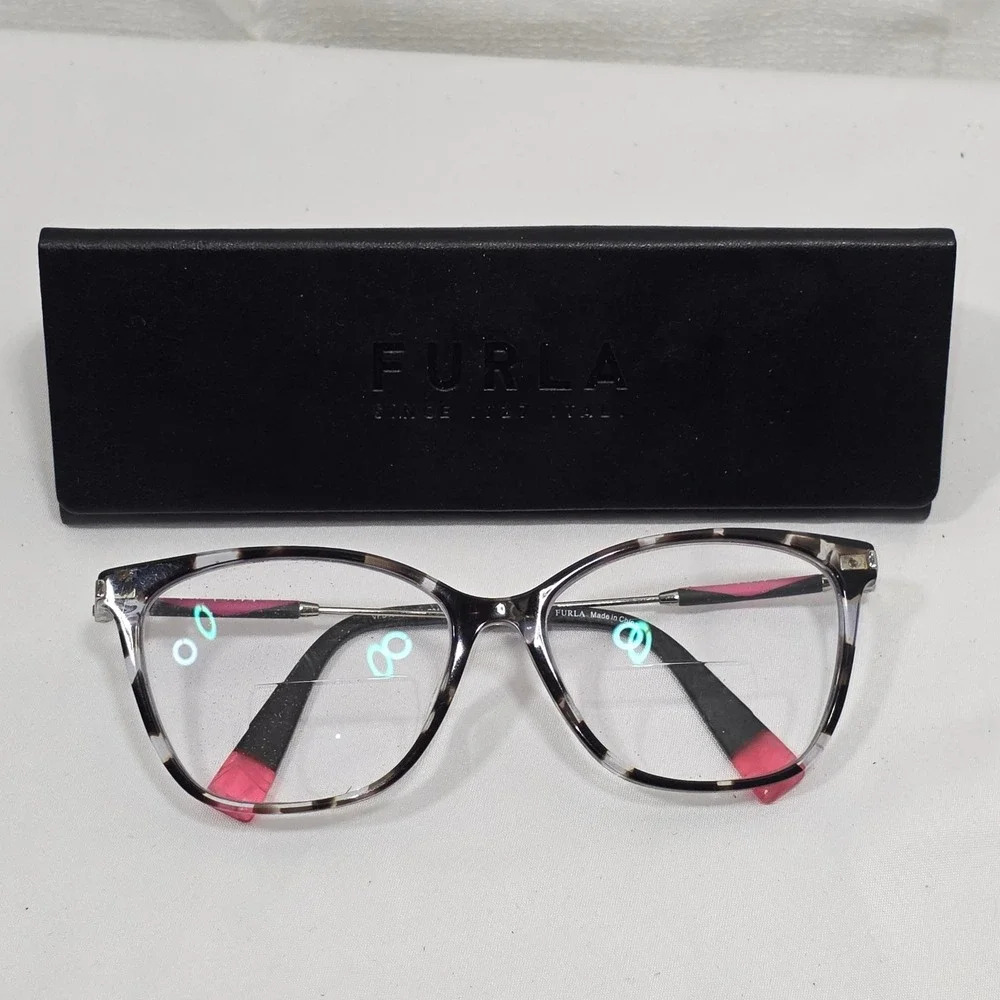 Furla VFU433K Cat Eye Eyeglasses Grey Tortoise Pink Accents 721Y 135 with Case